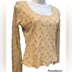 ✨✨Pamela Stewart Sexy Sheer Floral Lacey Long Sleeve Taupe CreamTop Small